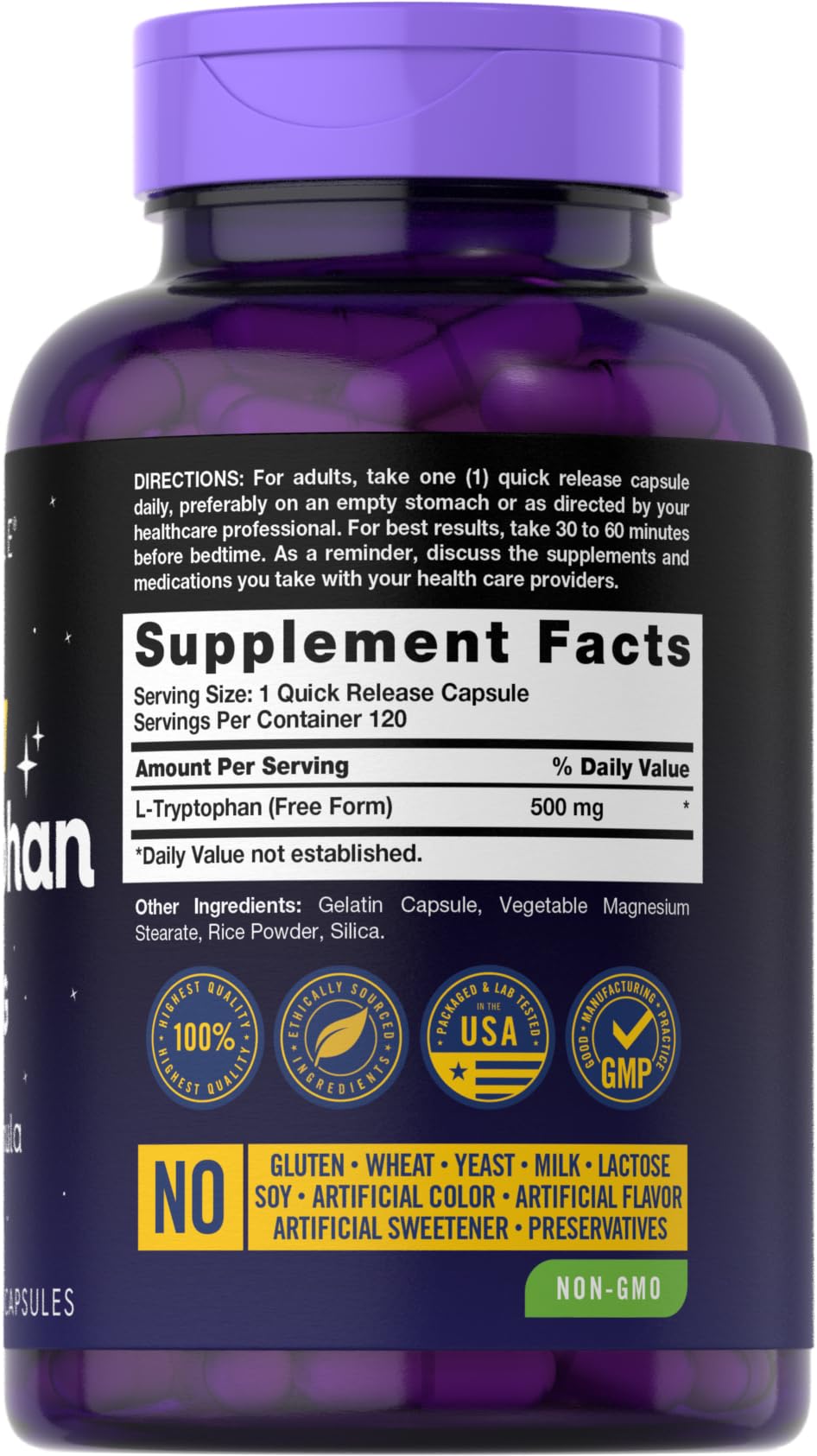 Carlyle L-Tryptophan 500mg 120 capsules avec étiquette