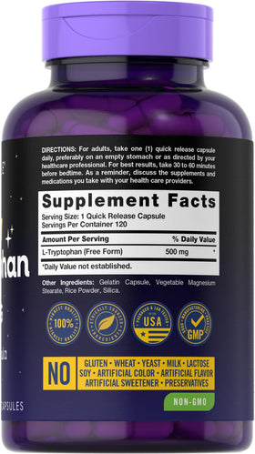 Carlyle L-Tryptophan 500mg 120 capsules avec étiquette