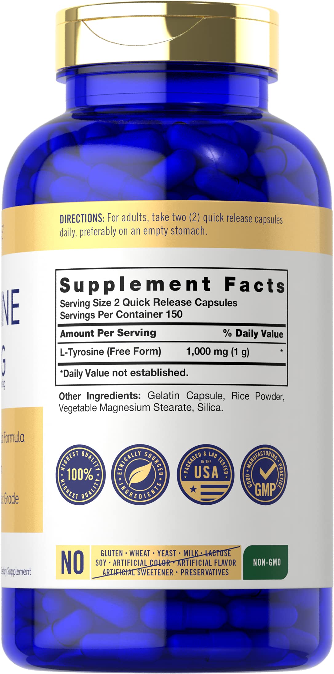 Carlyle L-Tyrosine capsules 1000mg side view with label