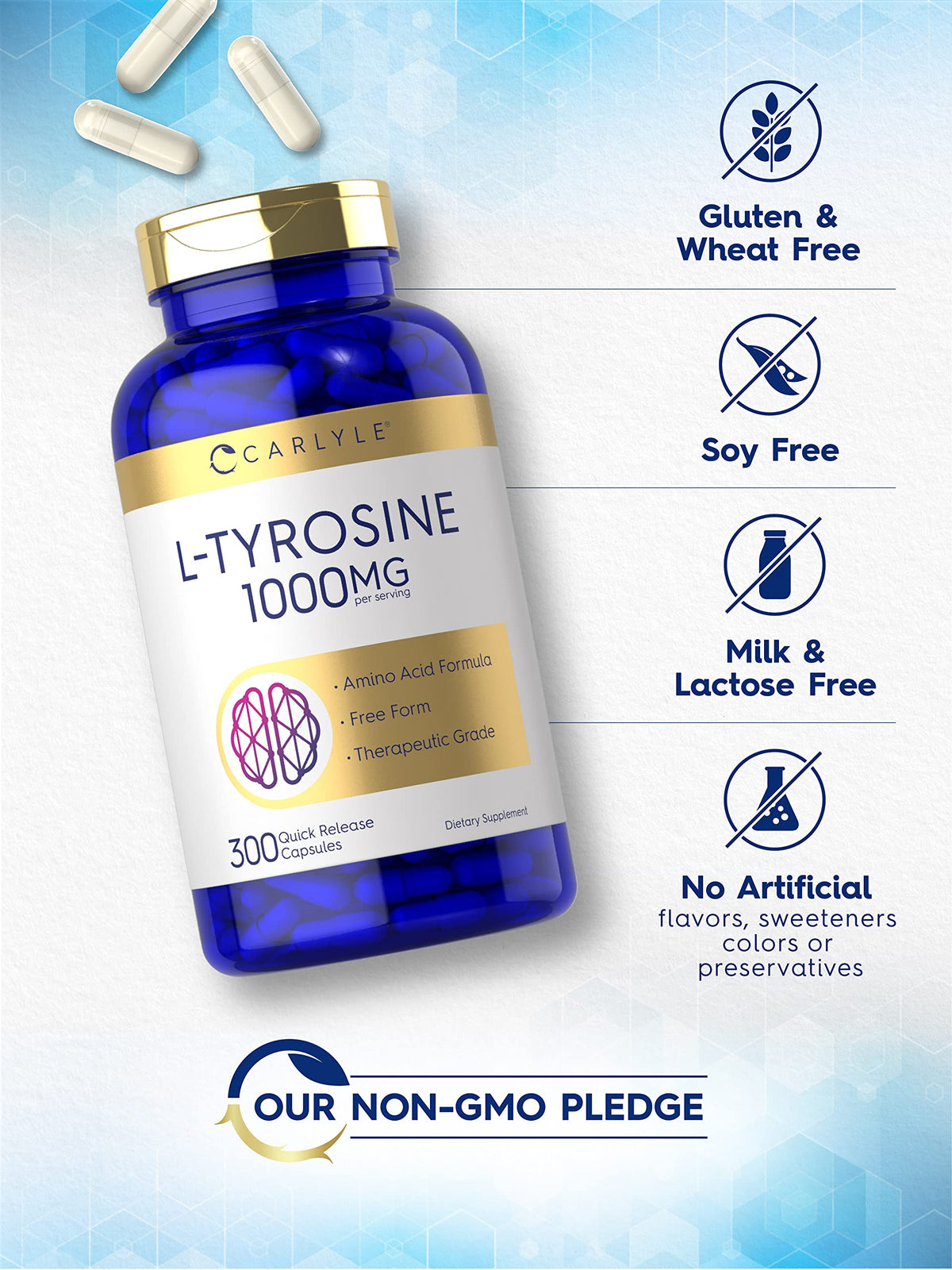 Carlyle L-Tyrosine capsules on a wooden table