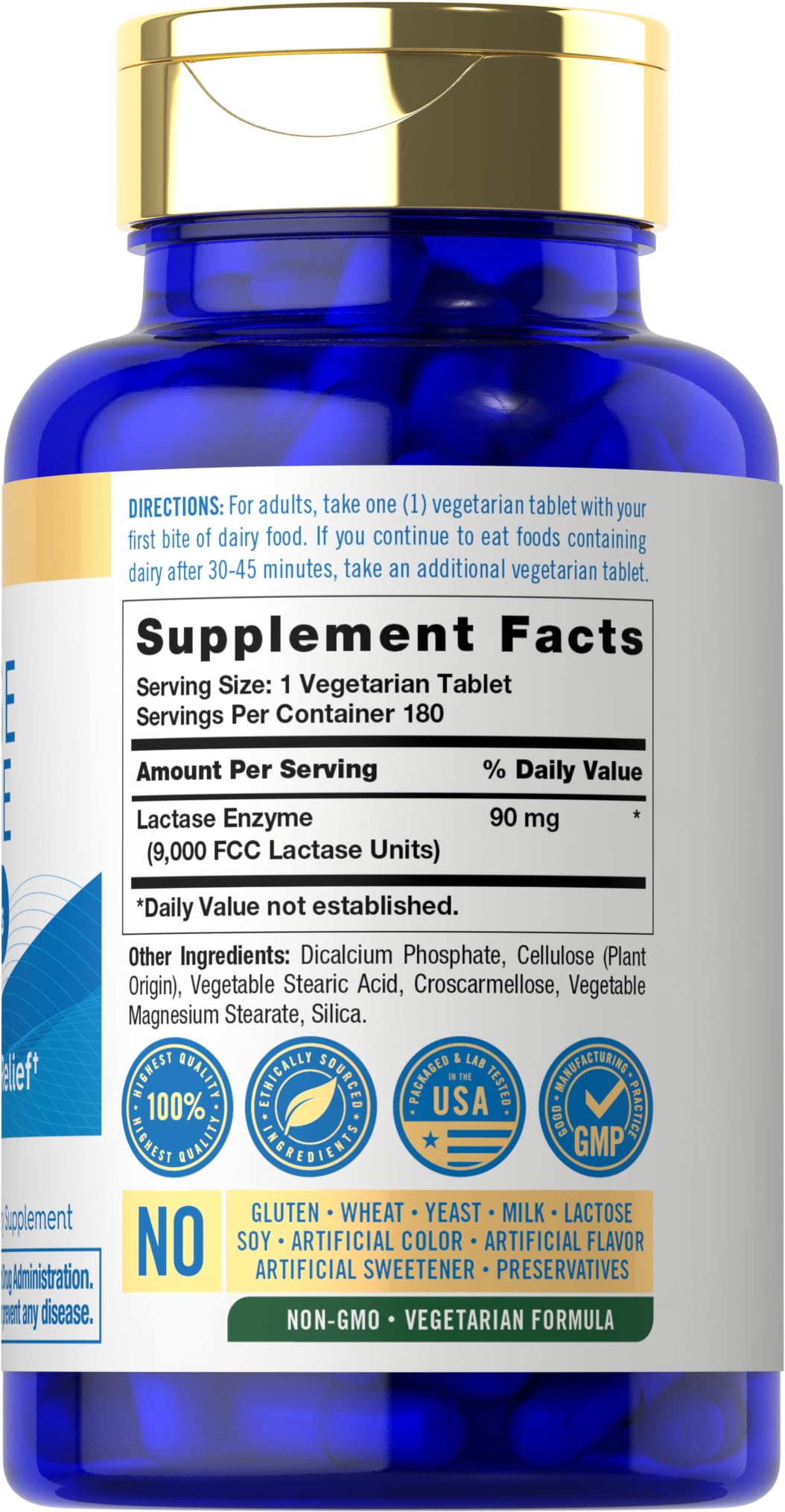Carlyle Lactase Enzyme Tablets 9000 FCC 180 Pills side view