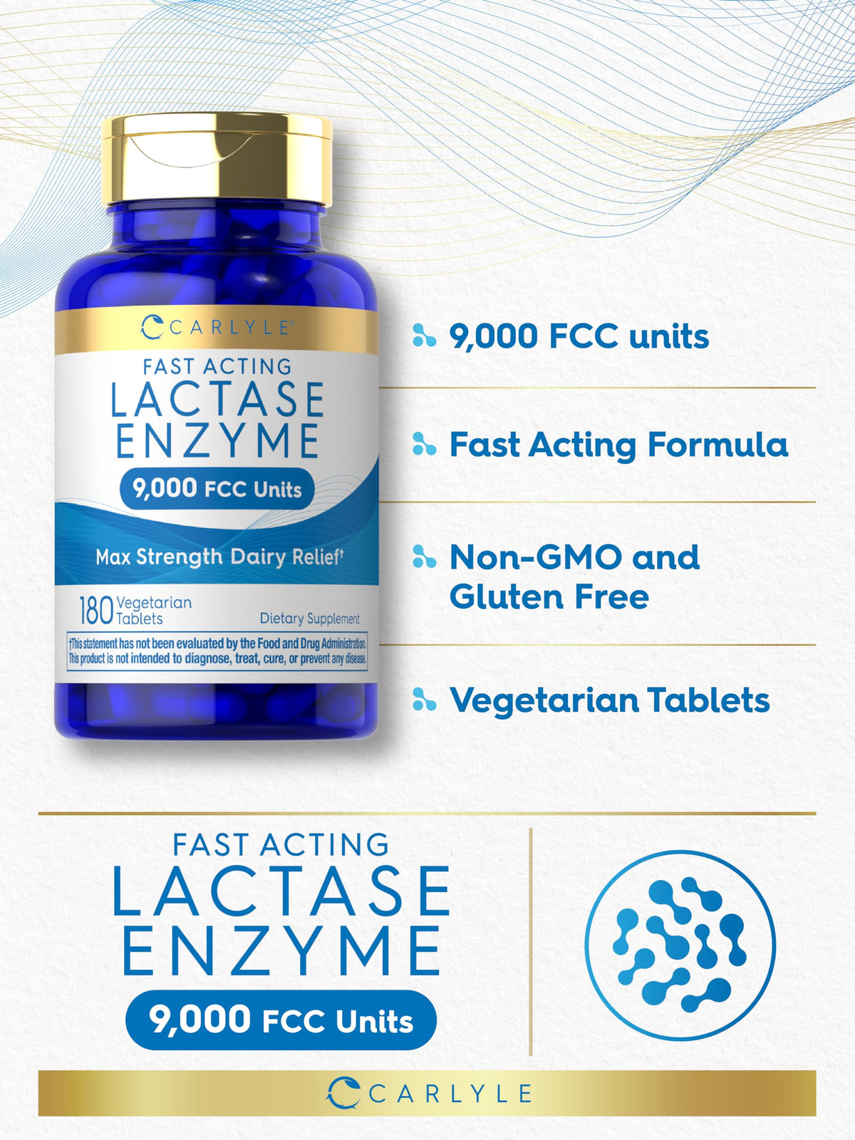Carlyle Lactase Enzyme Tablets 9000 FCC tablets on a table