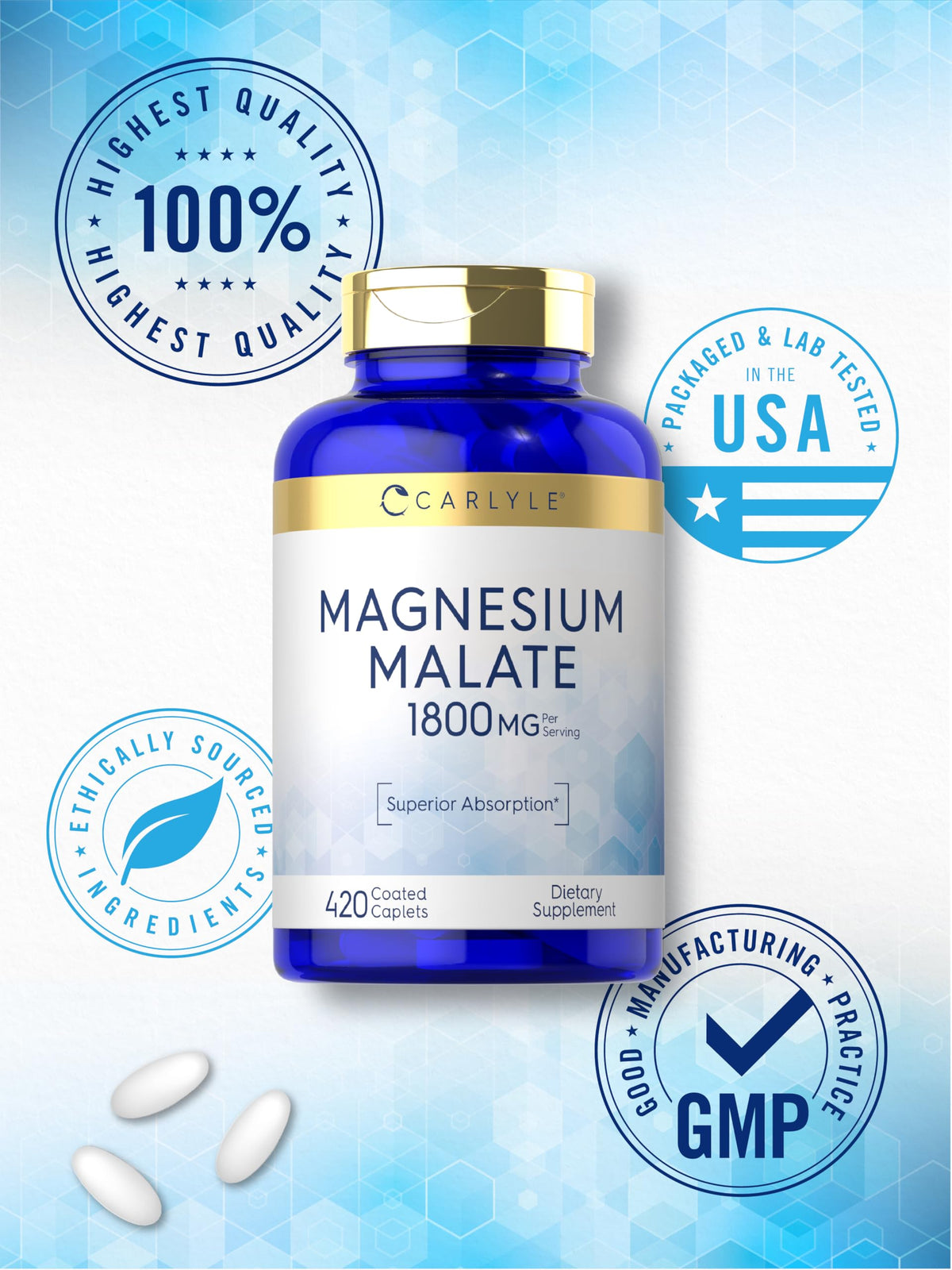Carlyle Magnésium Malate 1800mg, comprimés enrobés, avec une gélule à côté