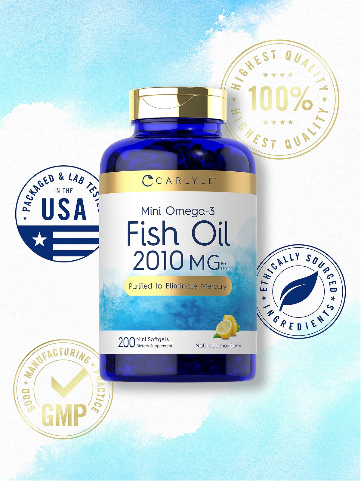 Carlyle Mini Fish Oil Softgels 2010 mg gélules dans un verre