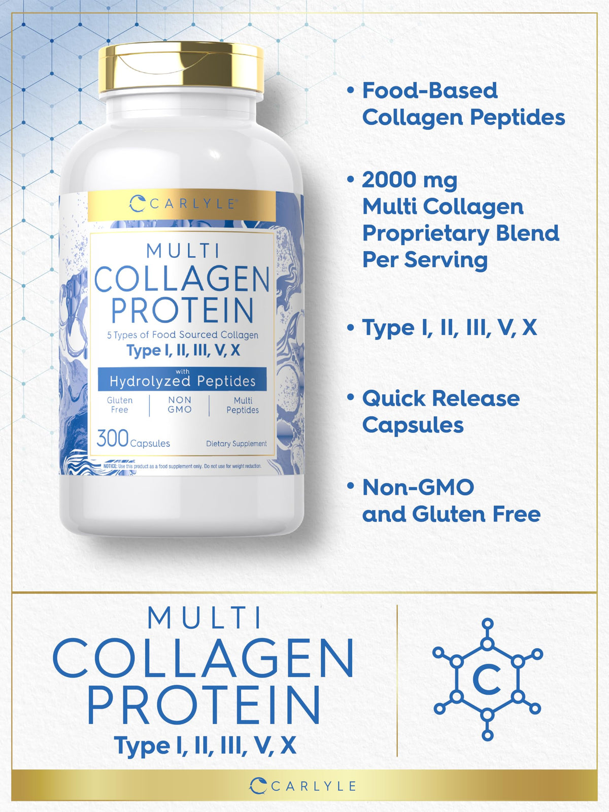 Carlyle Multi Collagène 2000mg 300 capsules avec étiquette