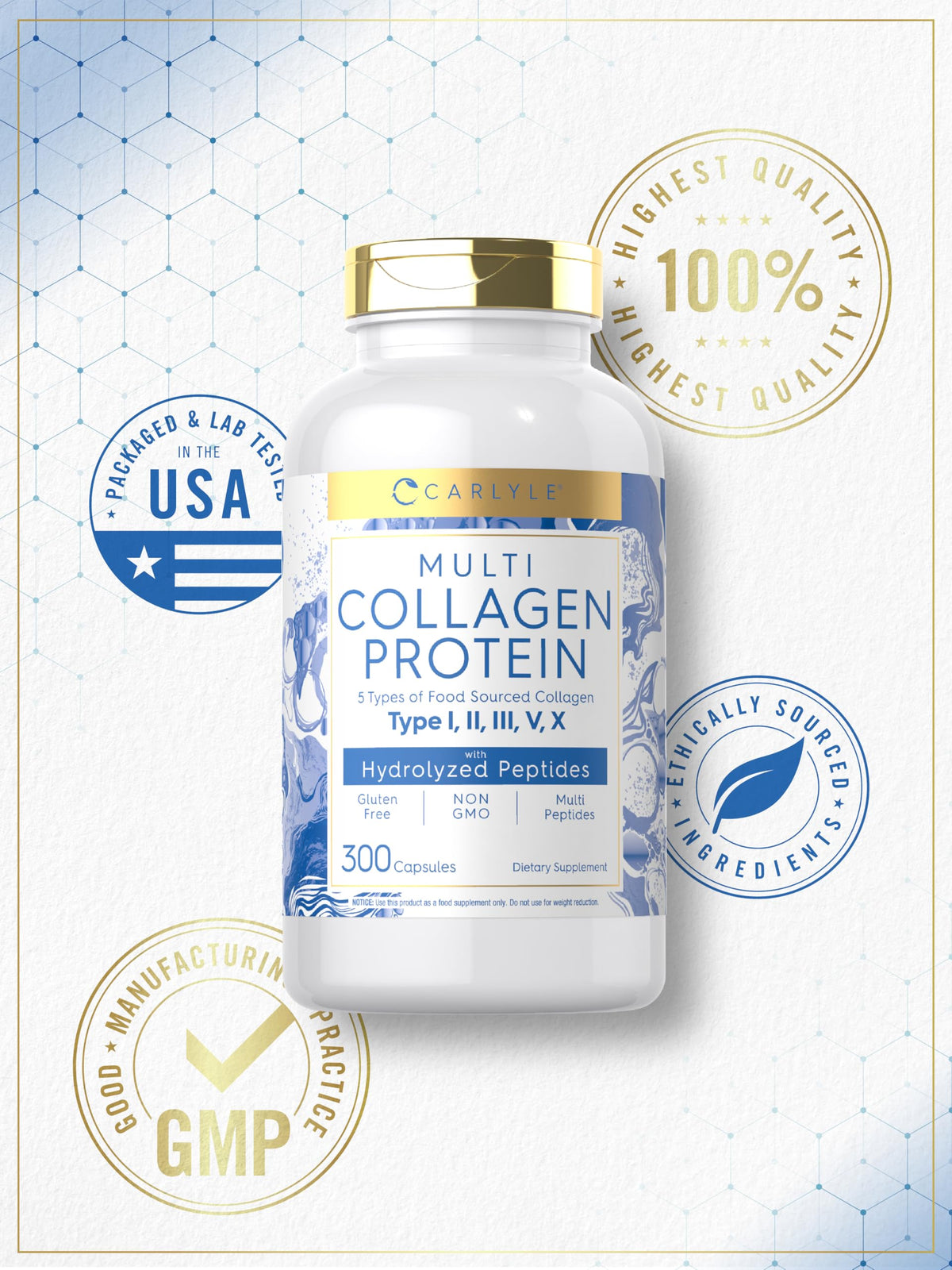 Carlyle Multi Collagène 2000mg 300 capsules sur fond blanc