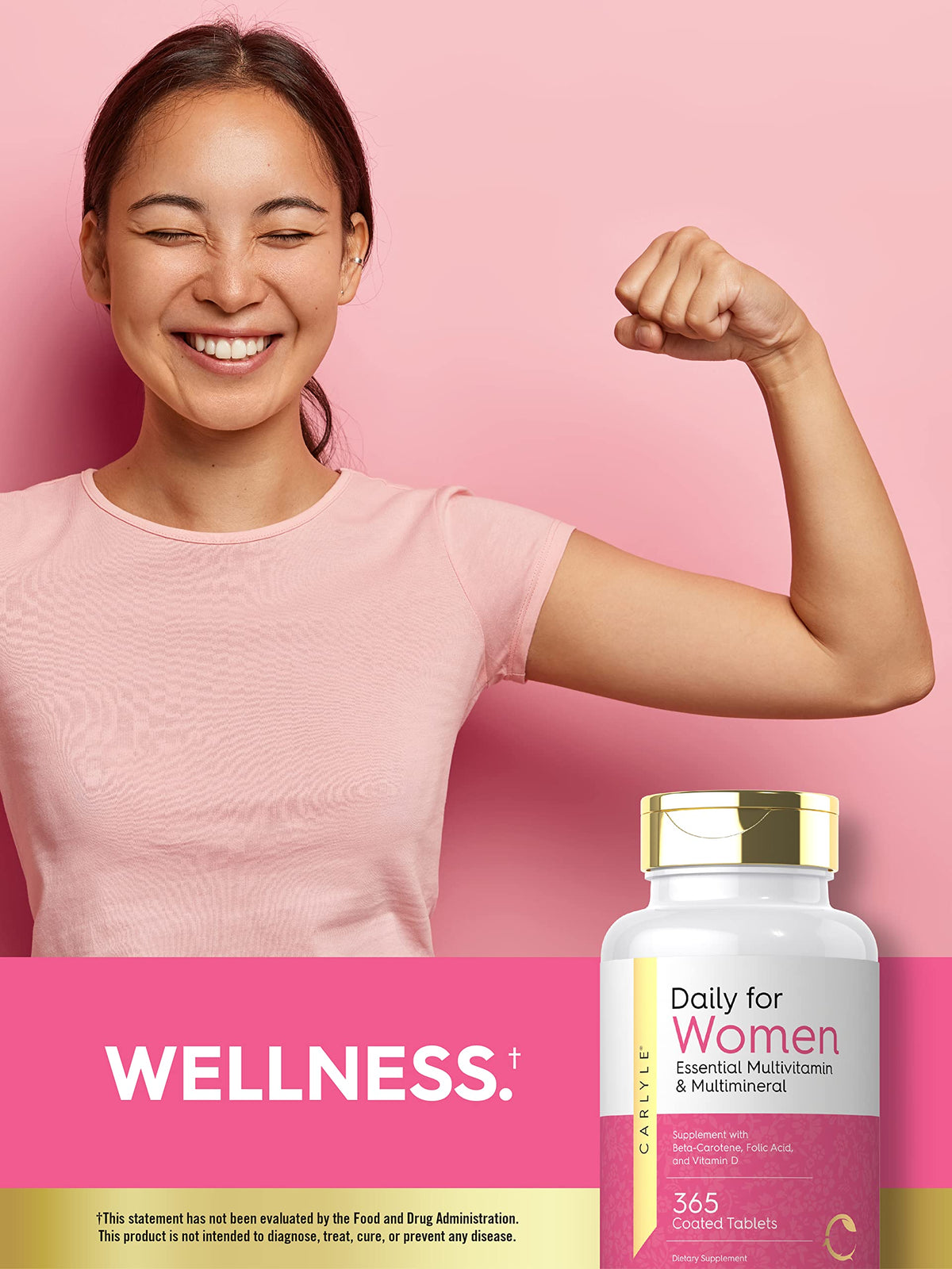 Carlyle Multivitamines pour Femmes, mise en scène sur une table avec des fruits