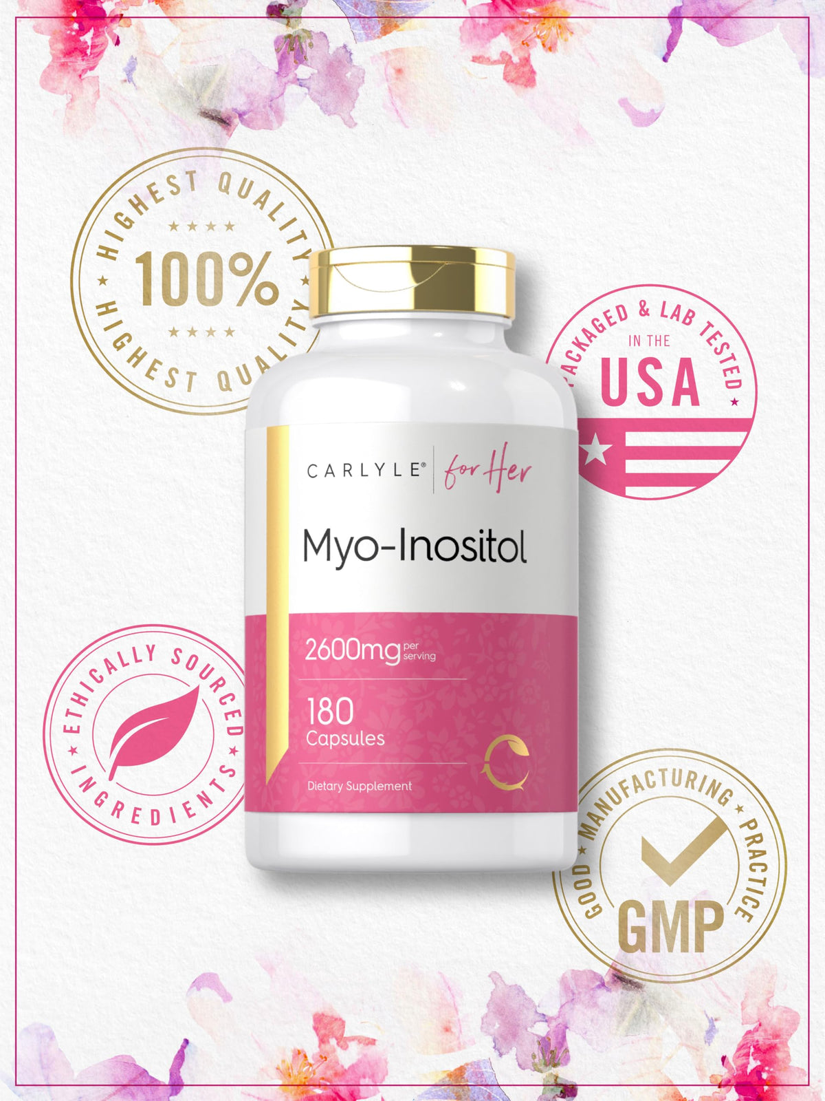 Carlyle Myo-Inositol 2600mg avec un verre d'eau