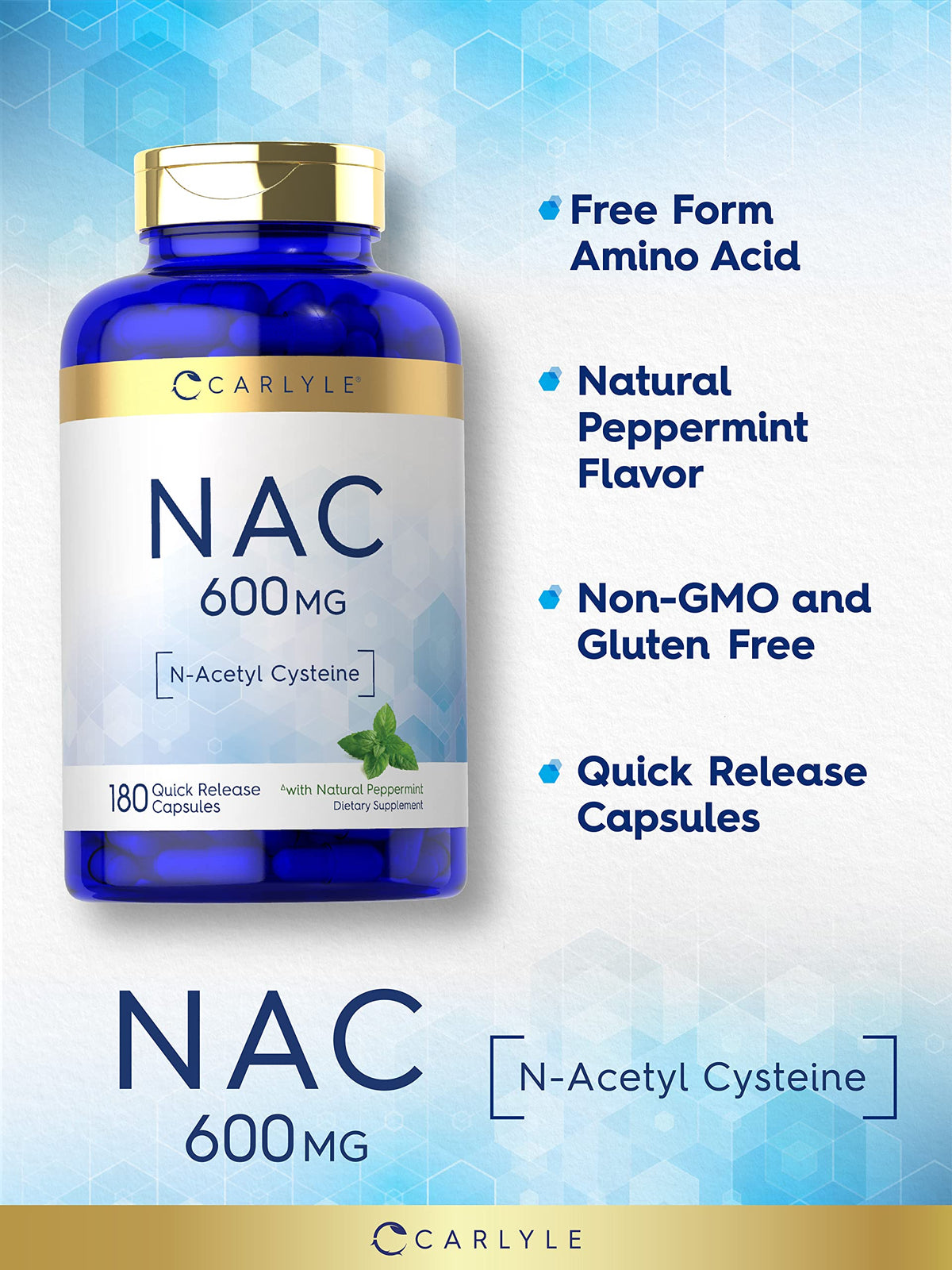 Carlyle NAC N-Acetyl Cysteine 600mg capsules menthe sur fond blanc