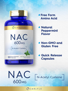 Carlyle NAC N-Acetyl Cysteine 600mg capsules menthe sur fond blanc