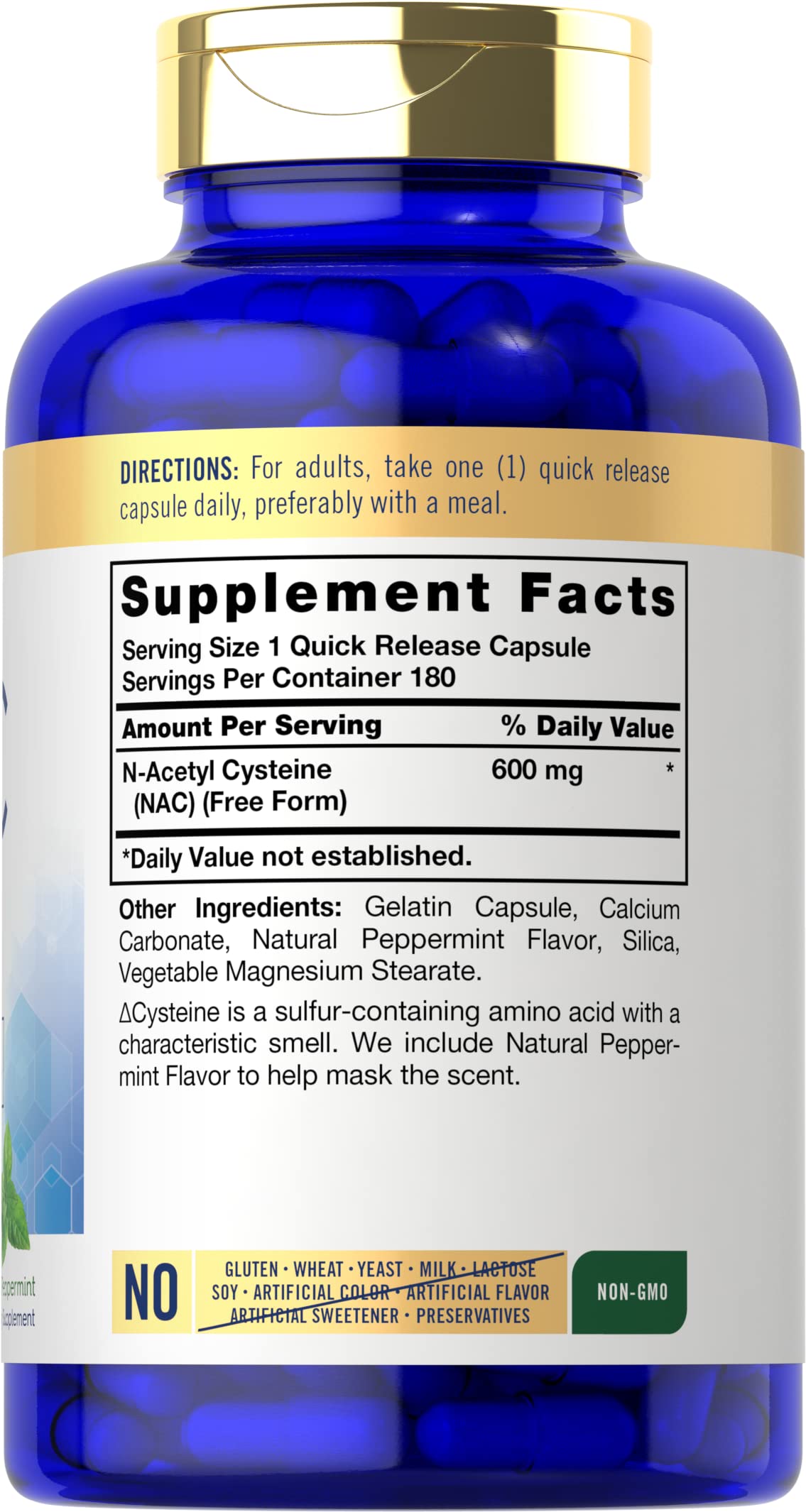 Carlyle NAC N-Acetyl Cysteine 600mg côté du flacon