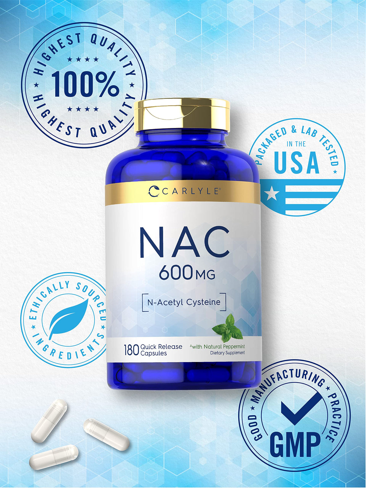 Carlyle NAC N-Acetyl Cysteine 600mg flacon avec étiquette