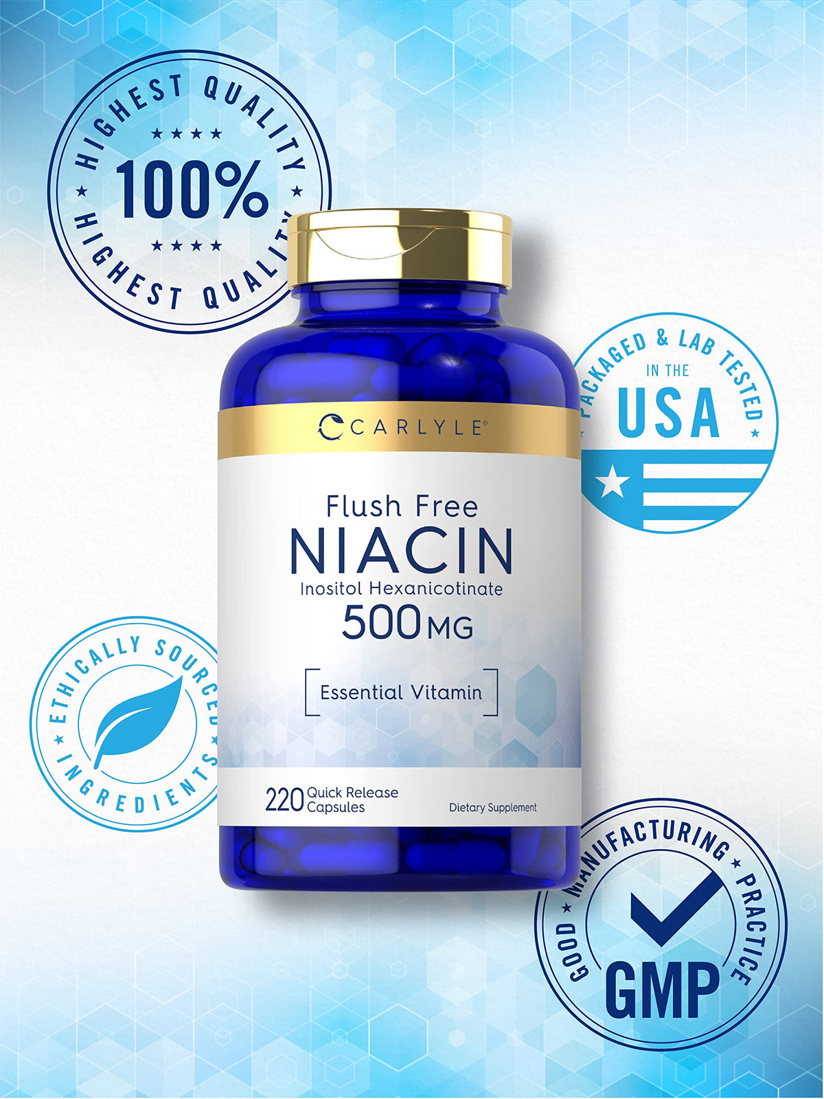 Carlyle Niacine Flush Free 500mg 220 Capsules - emballage