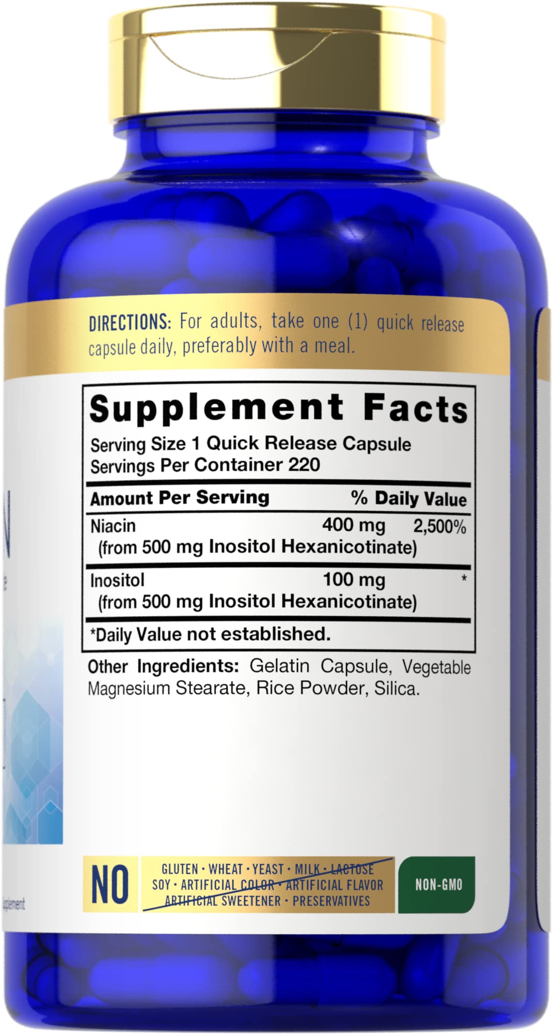 Carlyle Niacine Flush Free 500mg 220 Capsules - étiquette détaillée