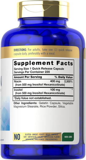 Carlyle Niacine Flush Free 500mg 220 Capsules - étiquette détaillée