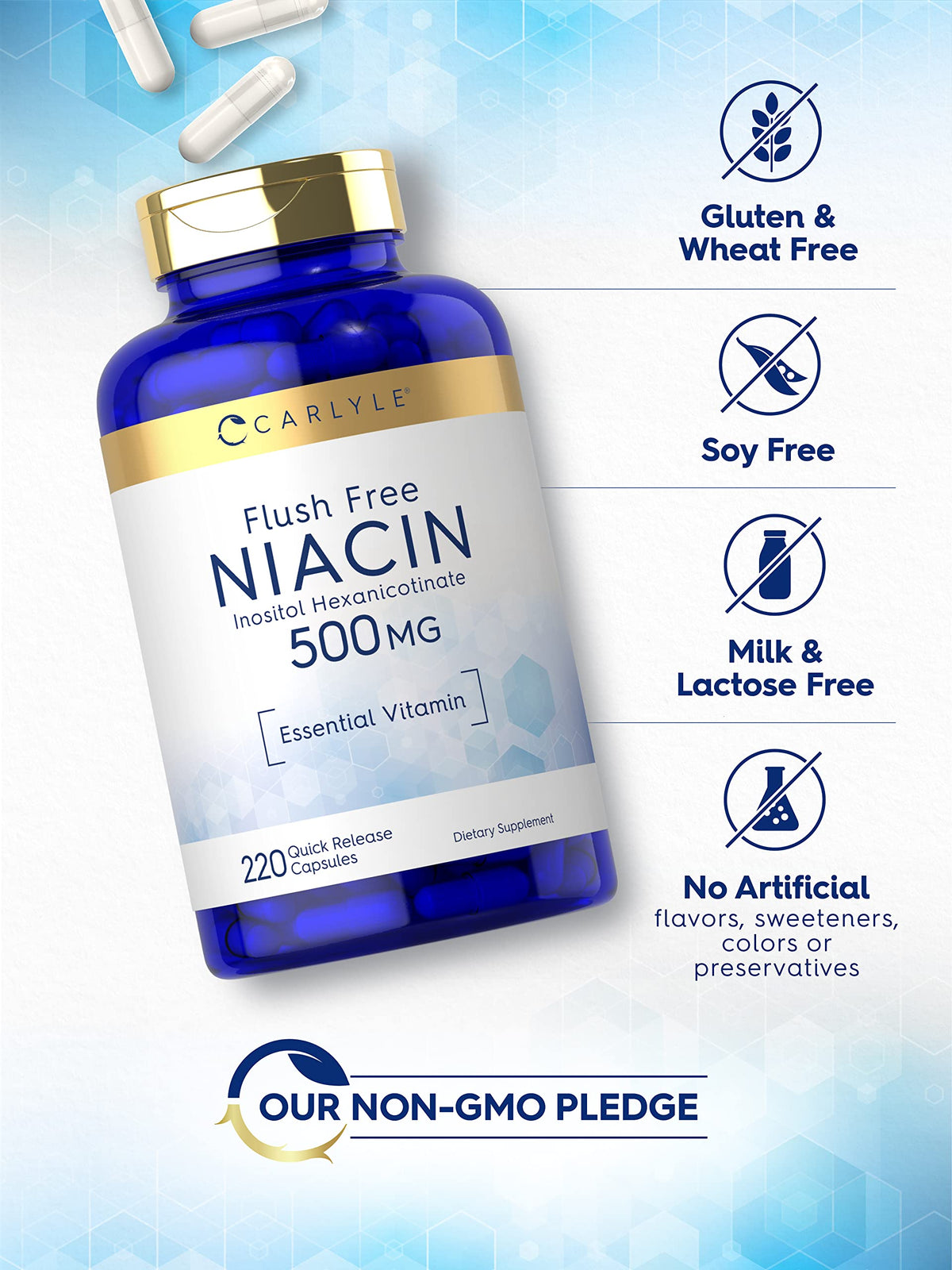Carlyle Niacine Flush Free 500mg 220 Capsules - vue de côté