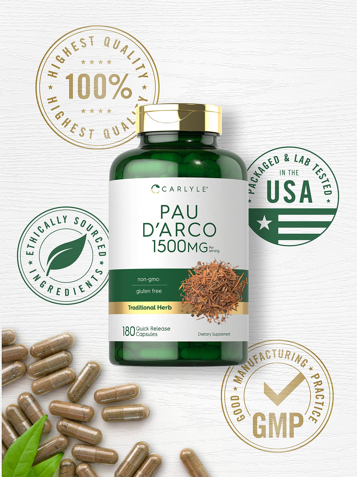 Carlyle PAU D'Arco Capsules sur une surface en bois