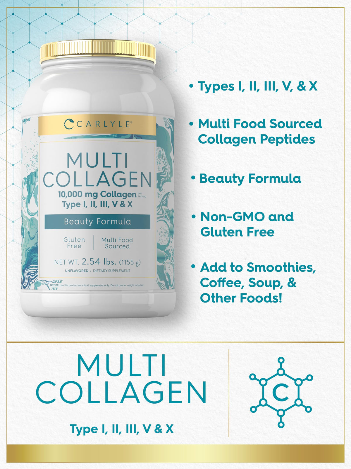 Carlyle Poudre de Collagène Multi 40 oz sur une table avec des ingrédients