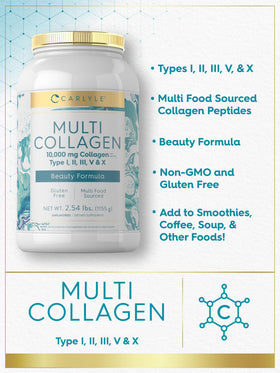 Carlyle Poudre de Collagène Multi 40 oz sur une table avec des ingrédients