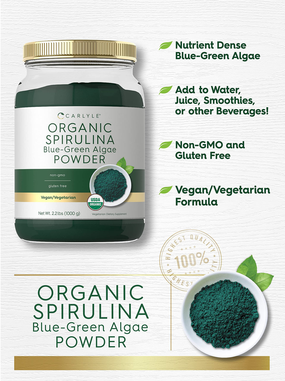 Carlyle Poudre de Spiruline Bio, versée dans un verre