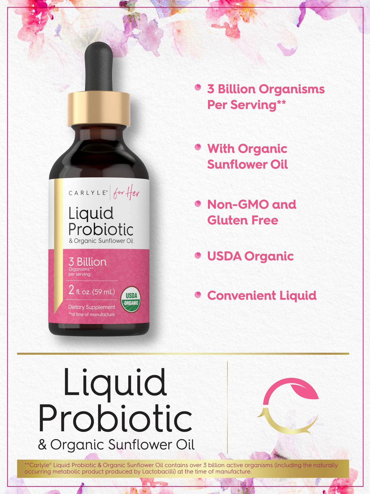 Carlyle Probiotique Liquide pour Femmes 2 fl oz, bouteille ouverte montrant le liquide