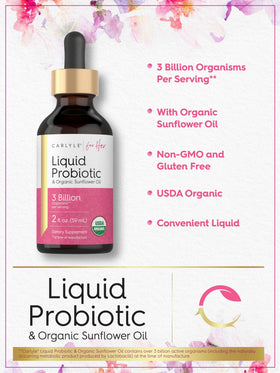Carlyle Probiotique Liquide pour Femmes 2 fl oz, bouteille ouverte montrant le liquide