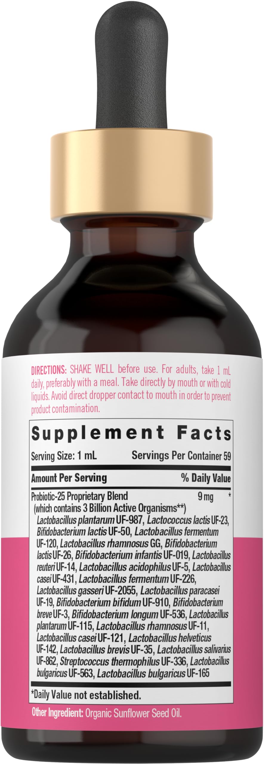 Carlyle Probiotique Liquide pour Femmes 2 fl oz, étiquette et informations de dosage