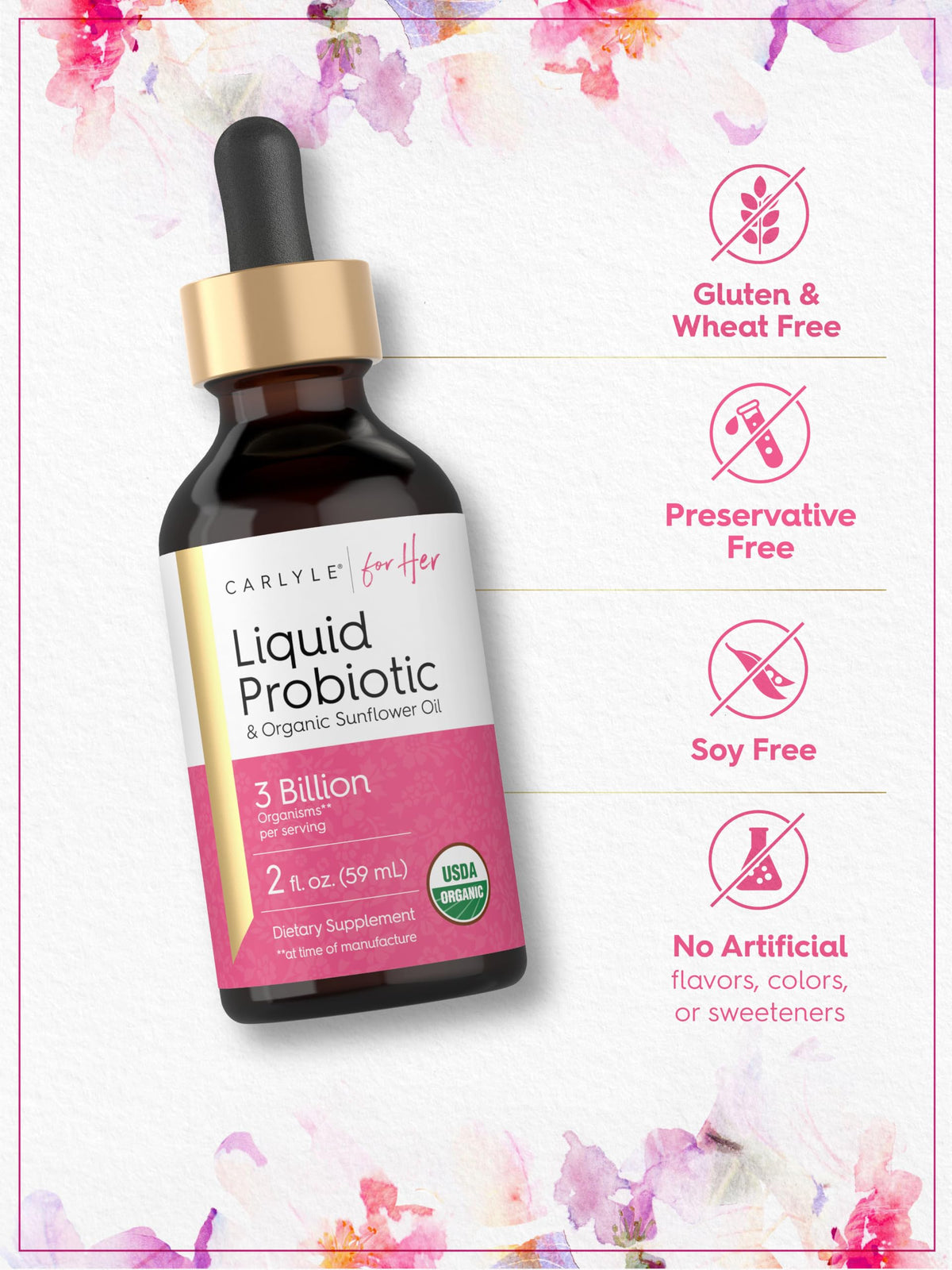 Carlyle Probiotique Liquide pour Femmes 2 fl oz, mise en scène sur une table
