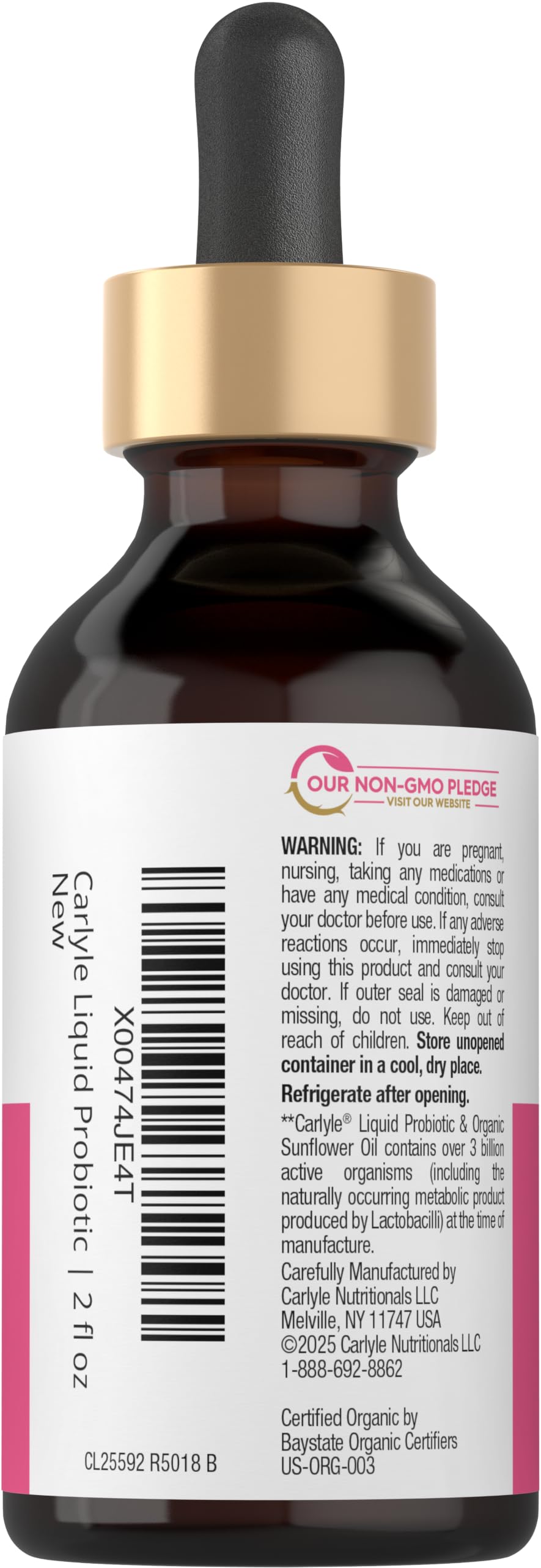 Carlyle Probiotique Liquide pour Femmes 2 fl oz, vue arrière avec ingrédients