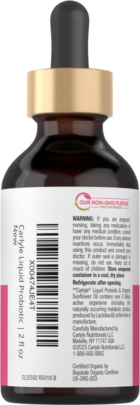 Carlyle Probiotique Liquide pour Femmes 2 fl oz, vue arrière avec ingrédients
