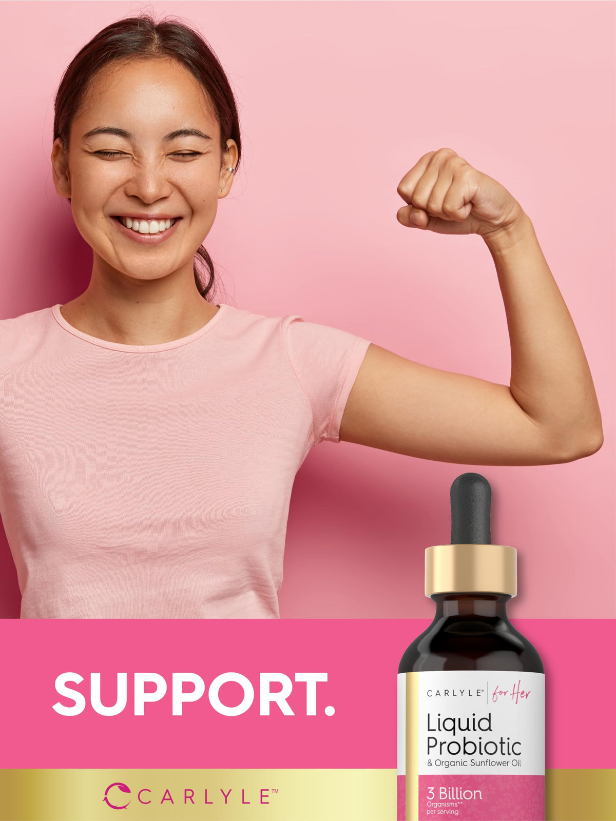 Carlyle Probiotique Liquide pour Femmes 2 fl oz, vue latérale avec bouchon