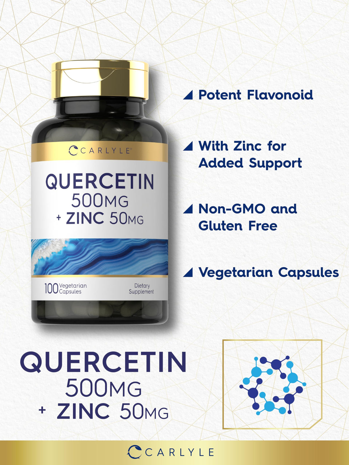 Carlyle Quercétine avec 50 mg de Zinc, présentation sur fond blanc