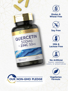 Carlyle Quercétine Capsules avec des fruits et légumes en arrière-plan