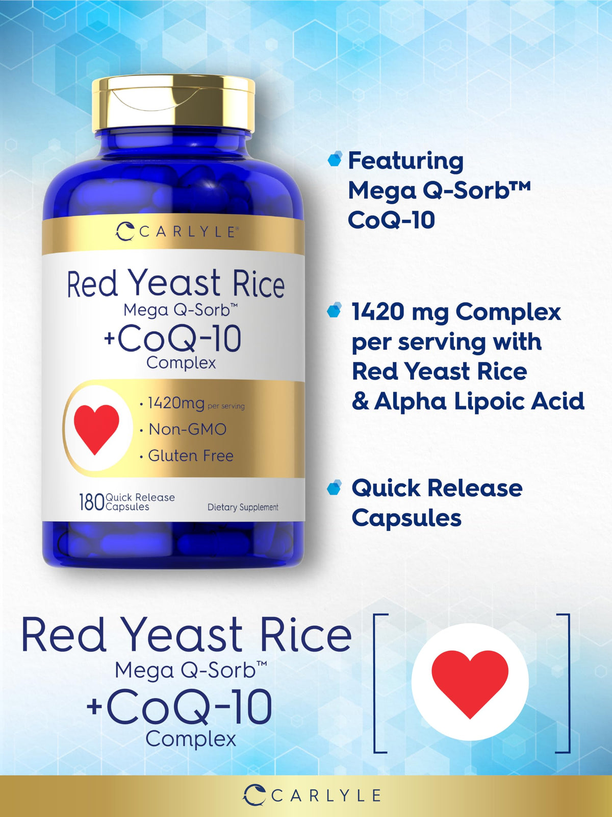 Carlyle Riz Rouge avec CoQ10, capsules à l'intérieur de la bouteille