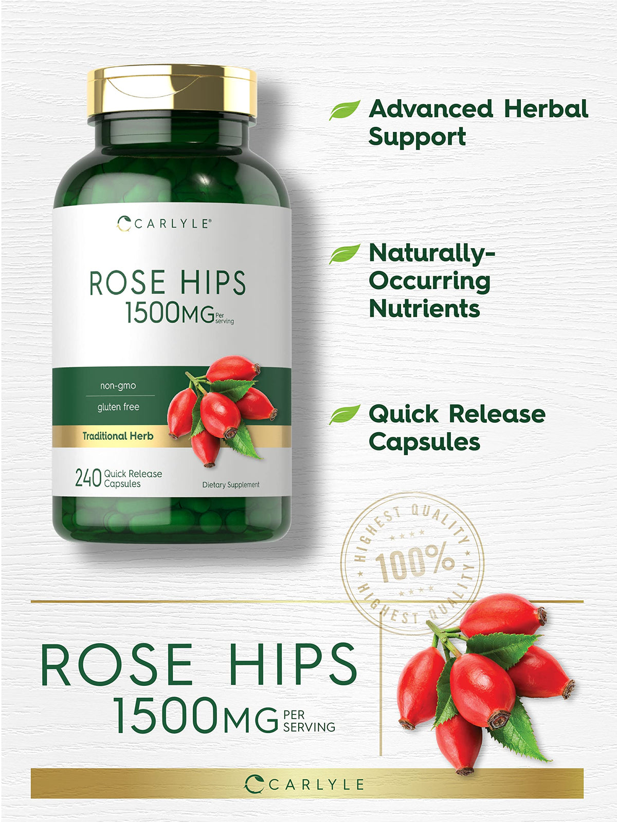 Carlyle Rose Hips 1500mg capsules sur une table