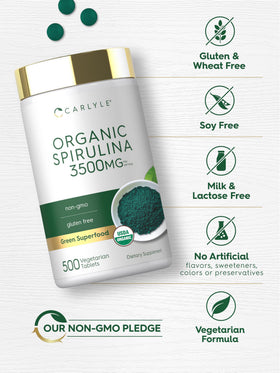 Carlyle Spiruline Bio 3500 mg comprimés sur surface blanche