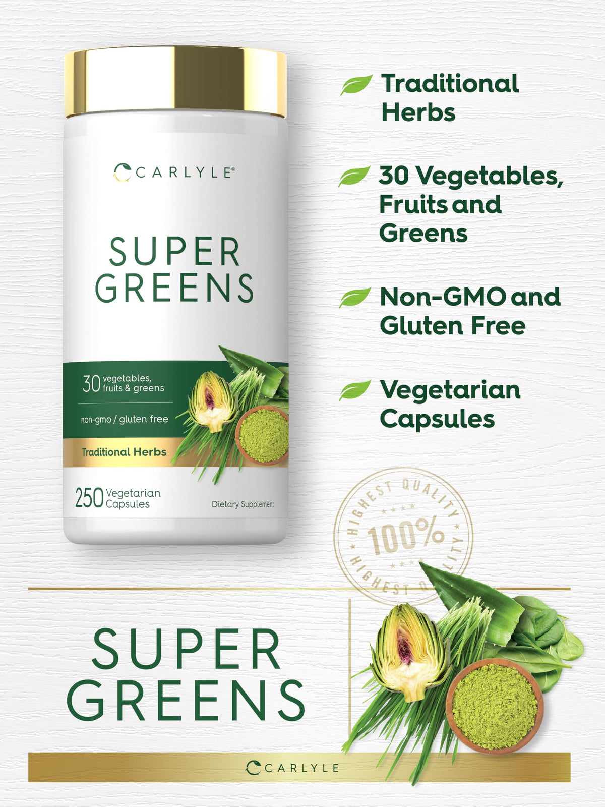 Carlyle Super Greens Capsules 250 gélules à côté d'un verre d'eau