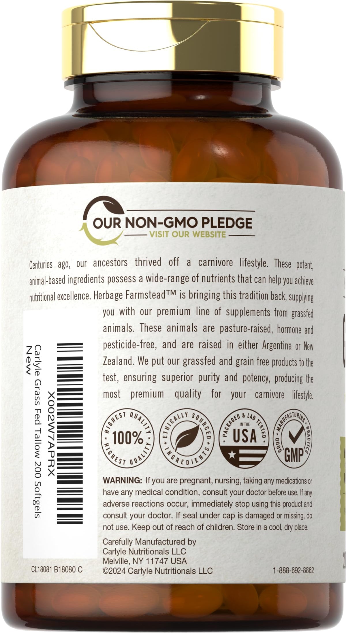 Carlyle Tallow de Bœuf Élevé à l'Herbe 3120mg capsules molles avec étiquette