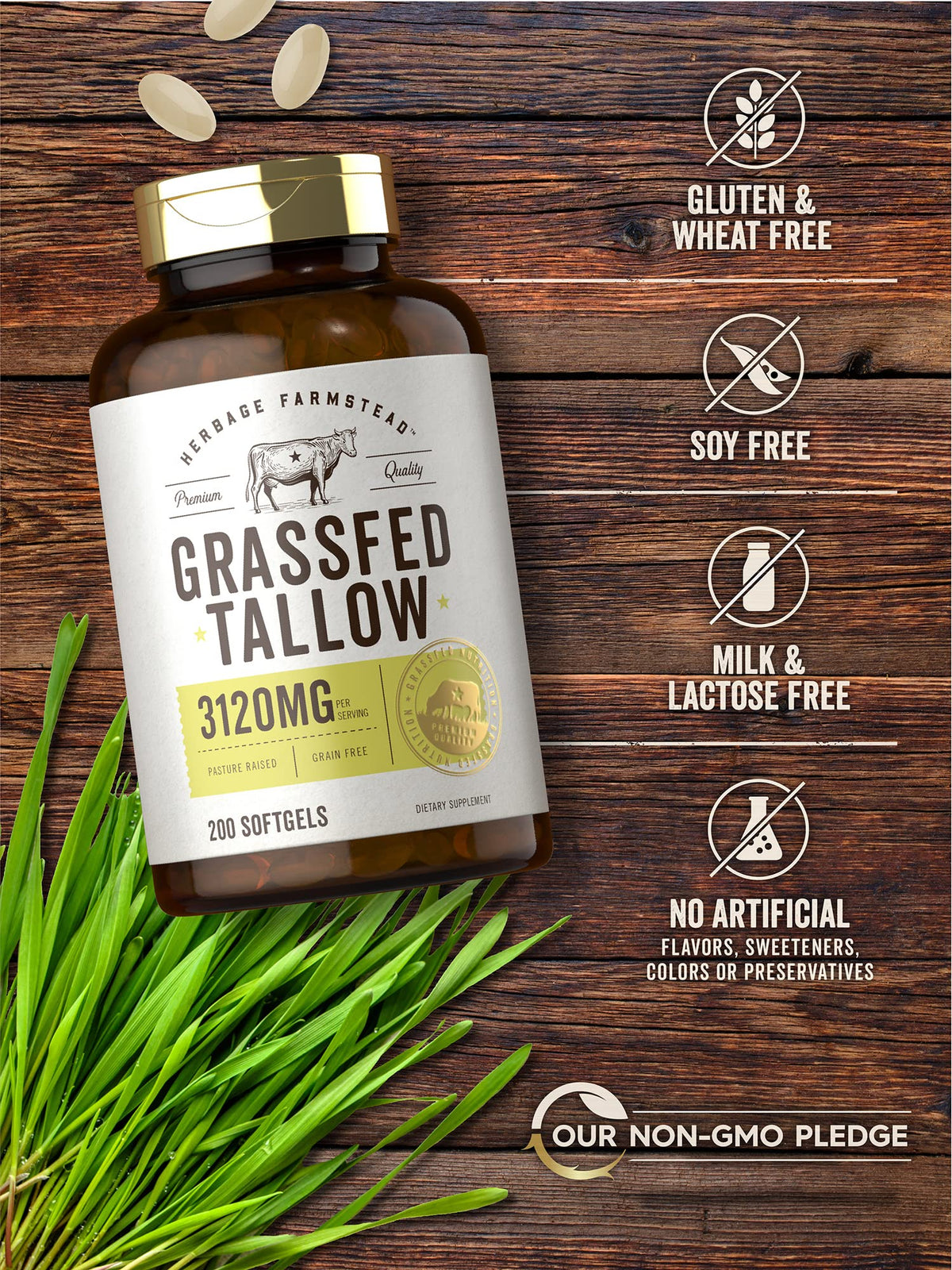 Carlyle Tallow de Bœuf Élevé à l'Herbe 3120mg capsules molles dans un environnement de cuisine