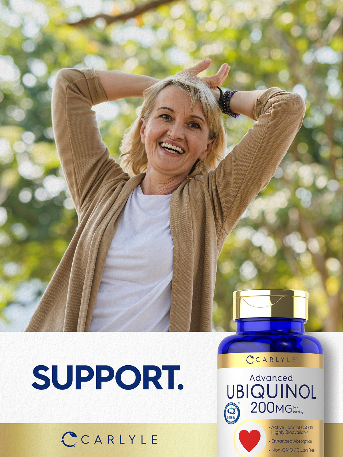 Carlyle Ubiquinol 200mg gélules molles sur une table en bois
