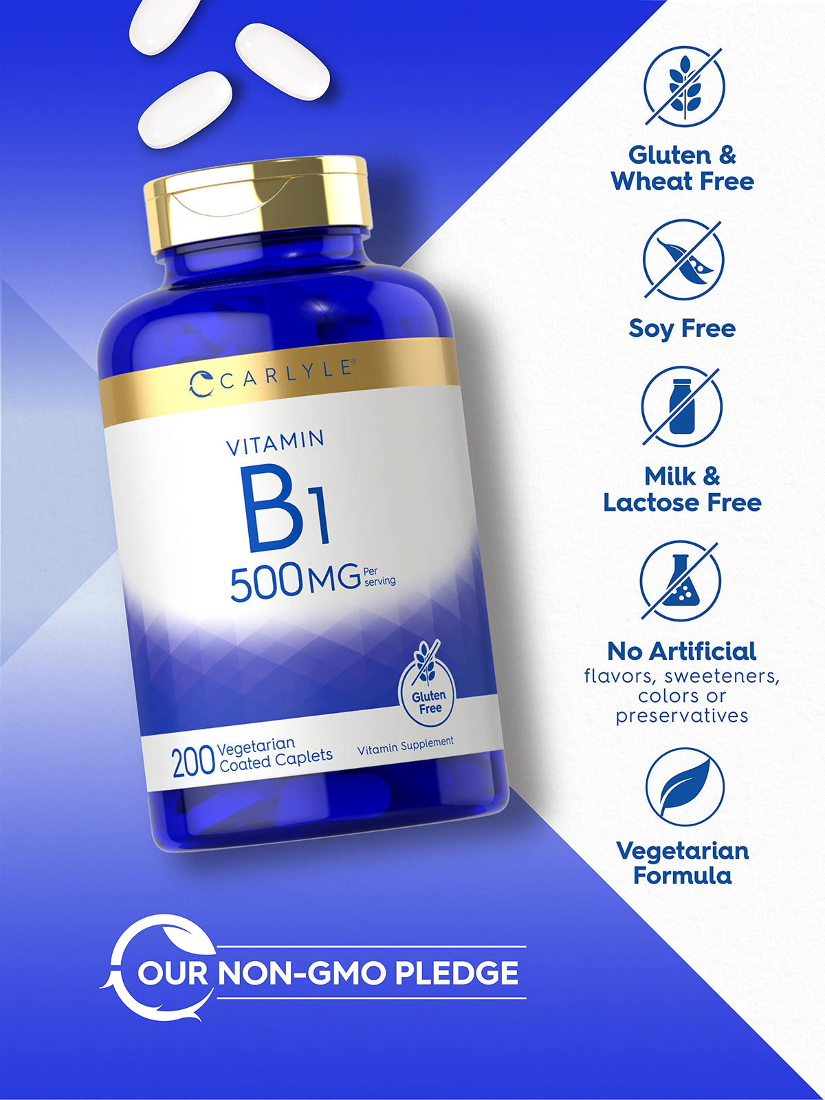 Carlyle Vitamine B1 500mg, caplet sur une table en bois