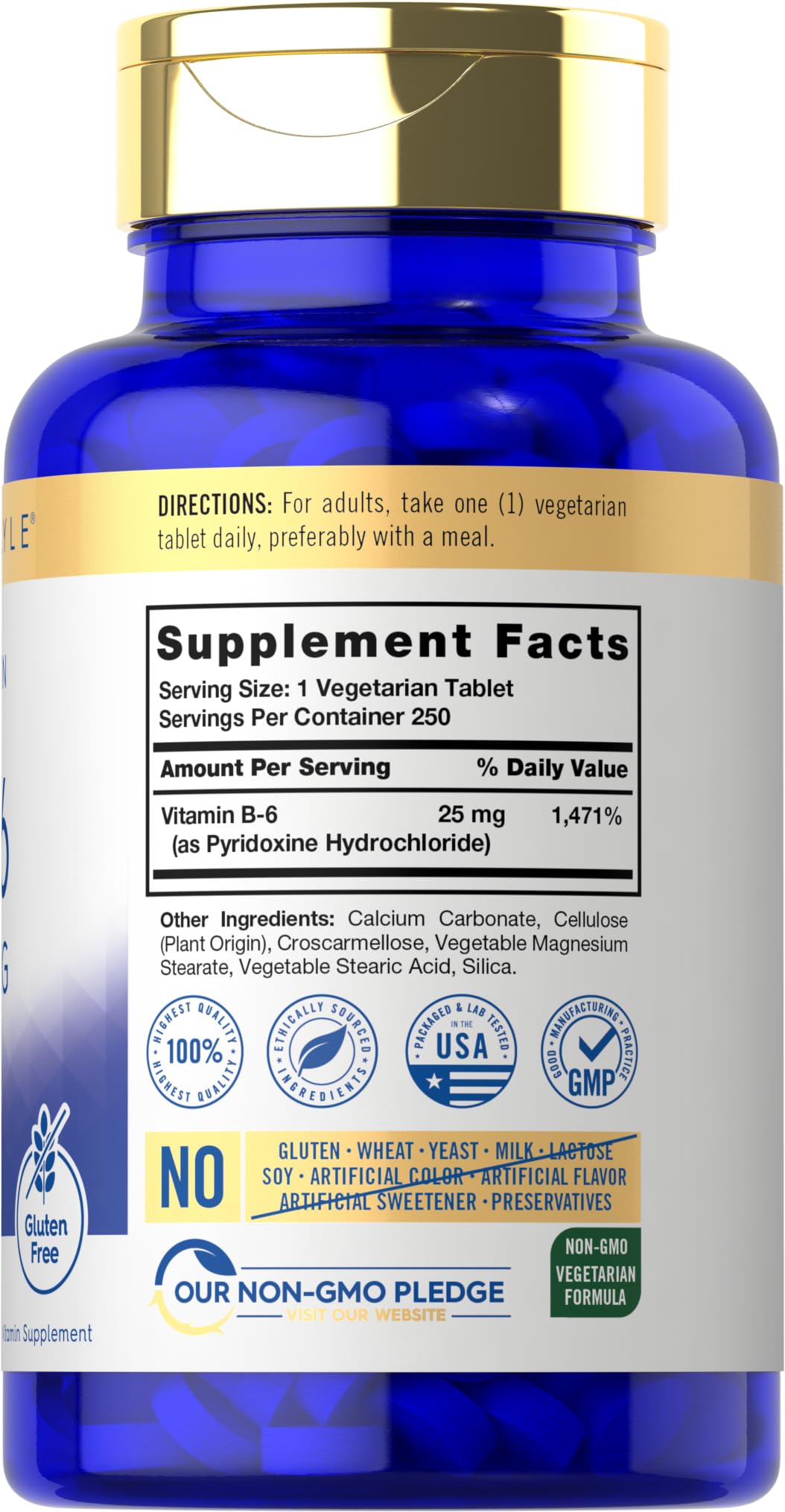 Carlyle Vitamine B6 250 comprimés avec étiquette détaillée