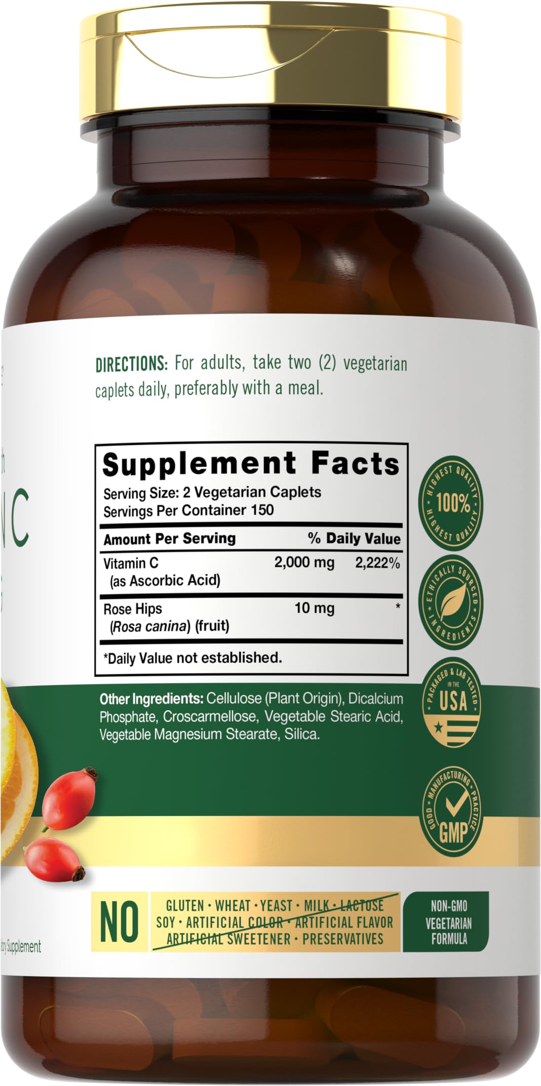 Carlyle Vitamine C 1000mg 300 comprimés végétariens, étiquette des ingrédients