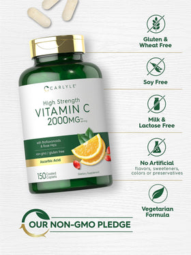 Carlyle Vitamine C 2000mg, comprimés enrobés sur une surface blanche