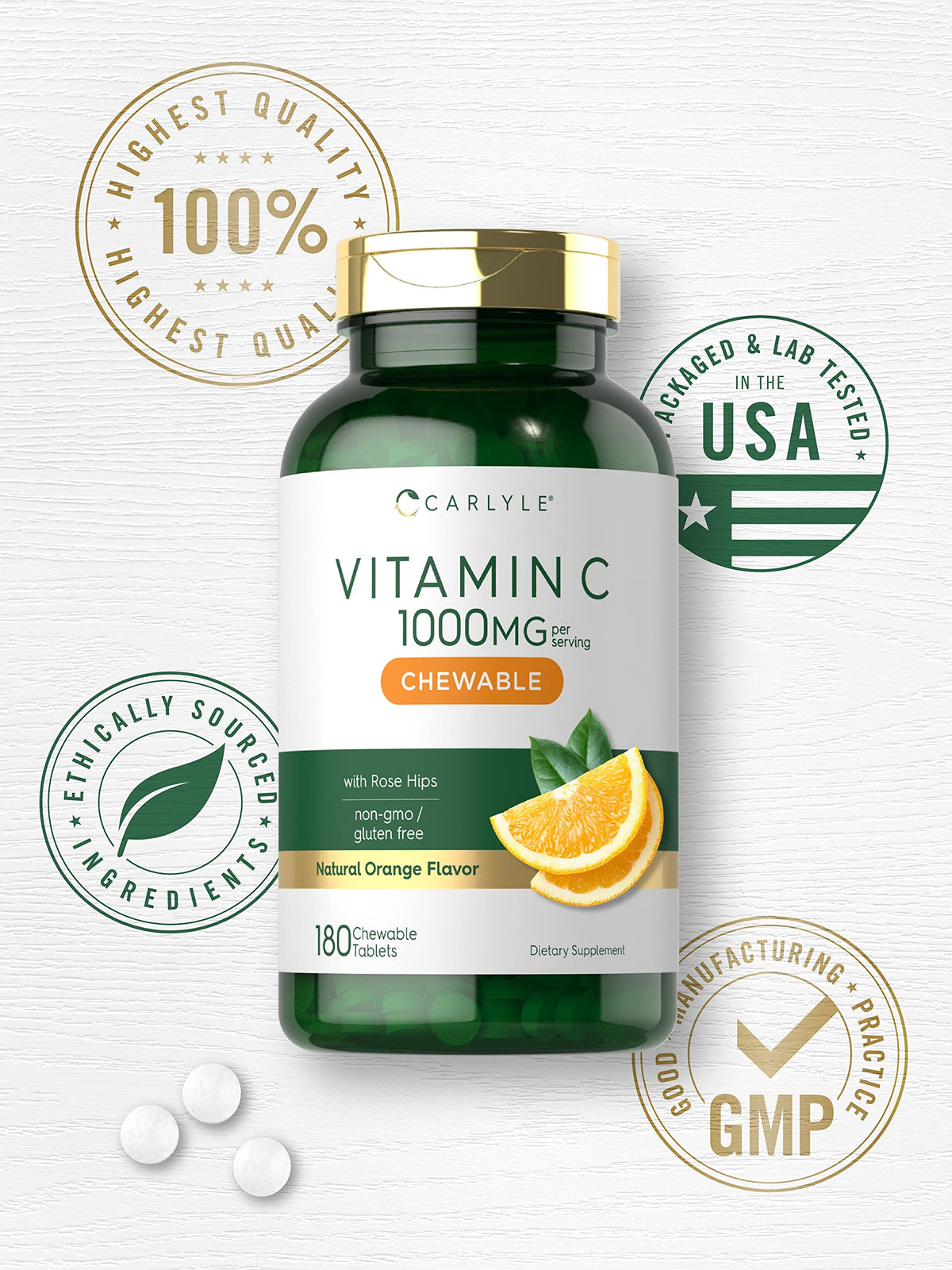 Carlyle Vitamine C Mâchable 1000mg comprimés sur un fond naturel