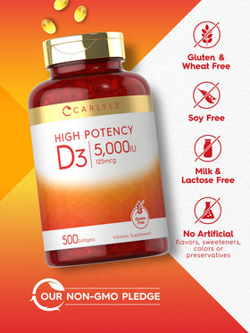 Carlyle Vitamine D3 5000 UI 500 gélules sur fond neutre