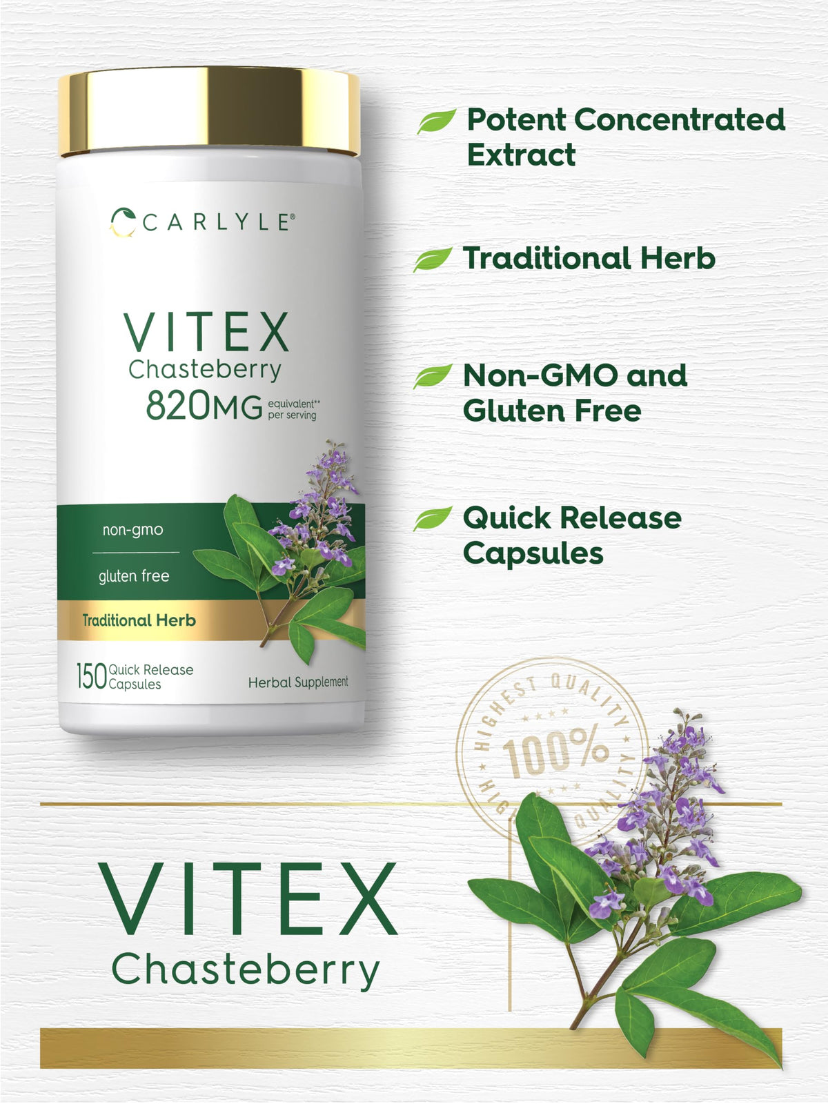 Carlyle Vitex Chasteberry Capsules ouvertes montrant la taille