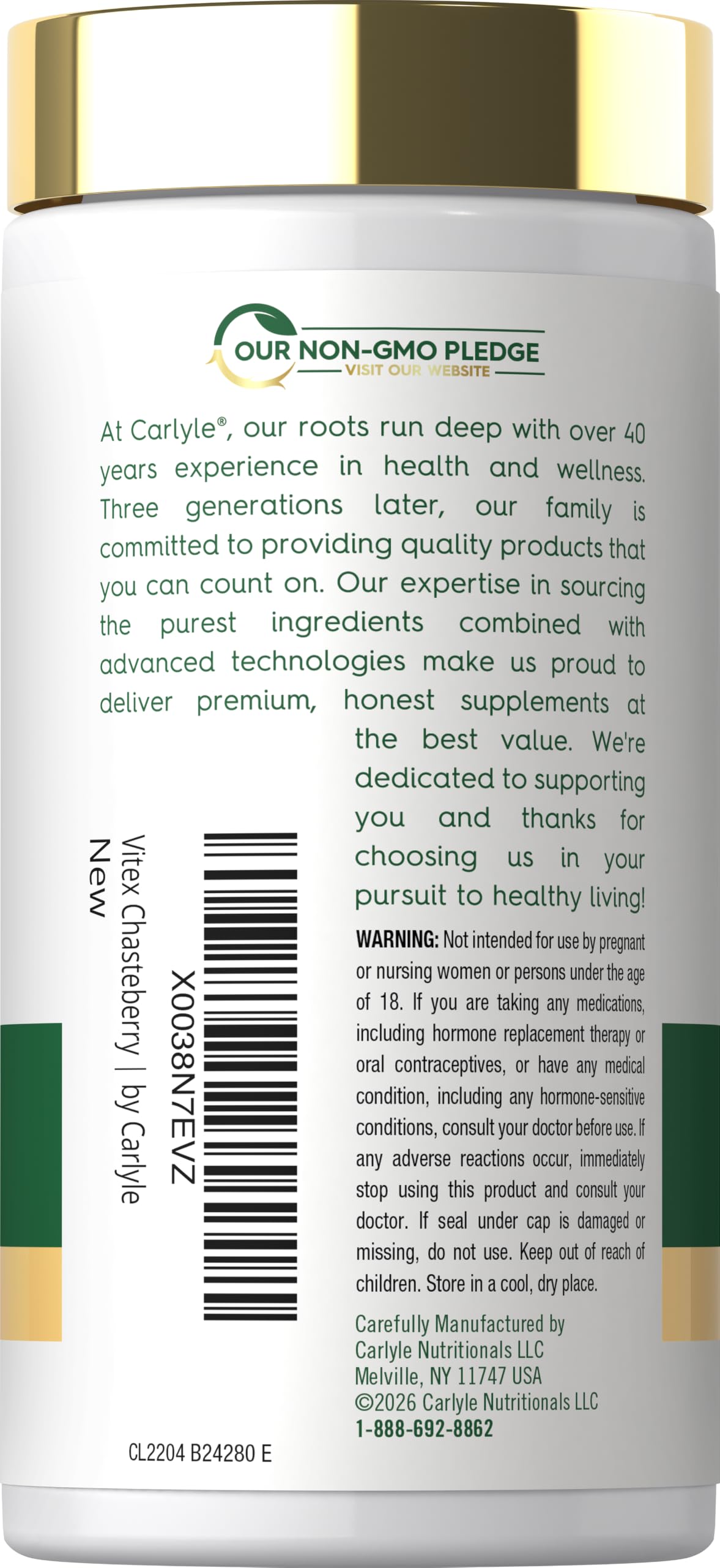 Carlyle Vitex Chasteberry emballage arrière montrant les ingrédients