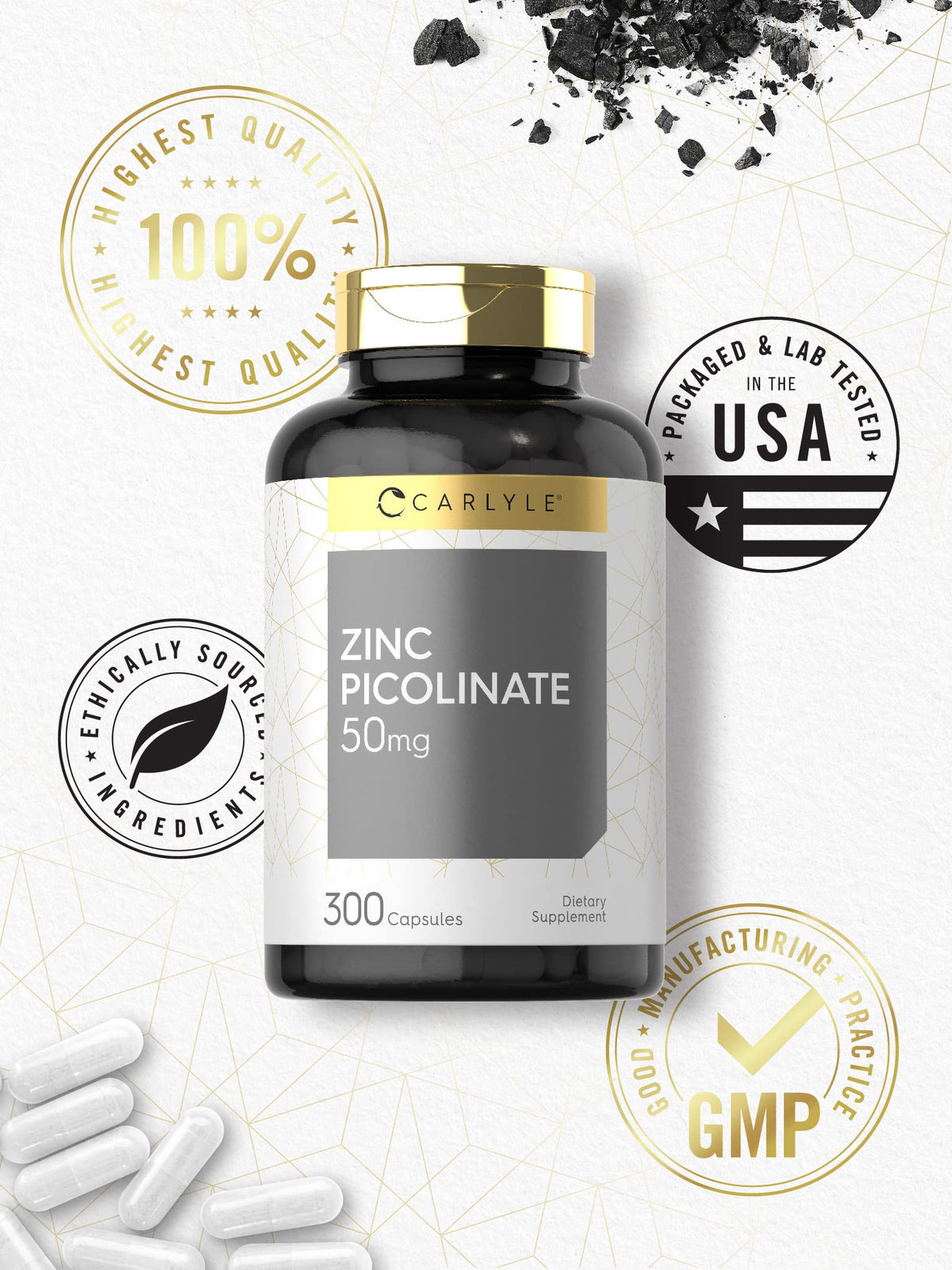 Carlyle Zinc Picolinate 50 mg capsules avec une main tenant une capsule