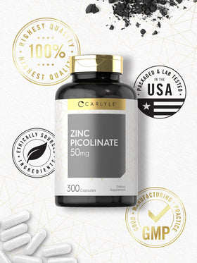Carlyle Zinc Picolinate 50 mg capsules avec une main tenant une capsule